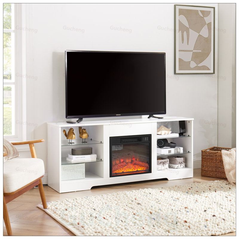 Meuble télé avec foyer électrique, tablettes en verre, lumières DEL, charge USB et télécommande pour une vie moderne