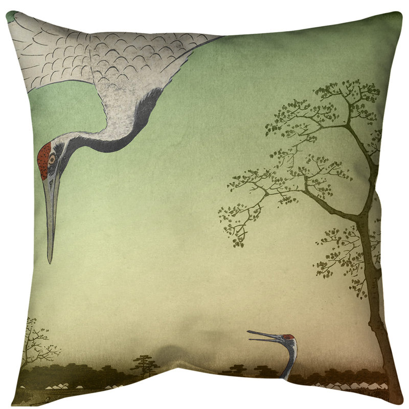 Housse de coussin en jeté japonaise grues, 16 po x 1 po, Vert / dégradé orange, Sergé de coton