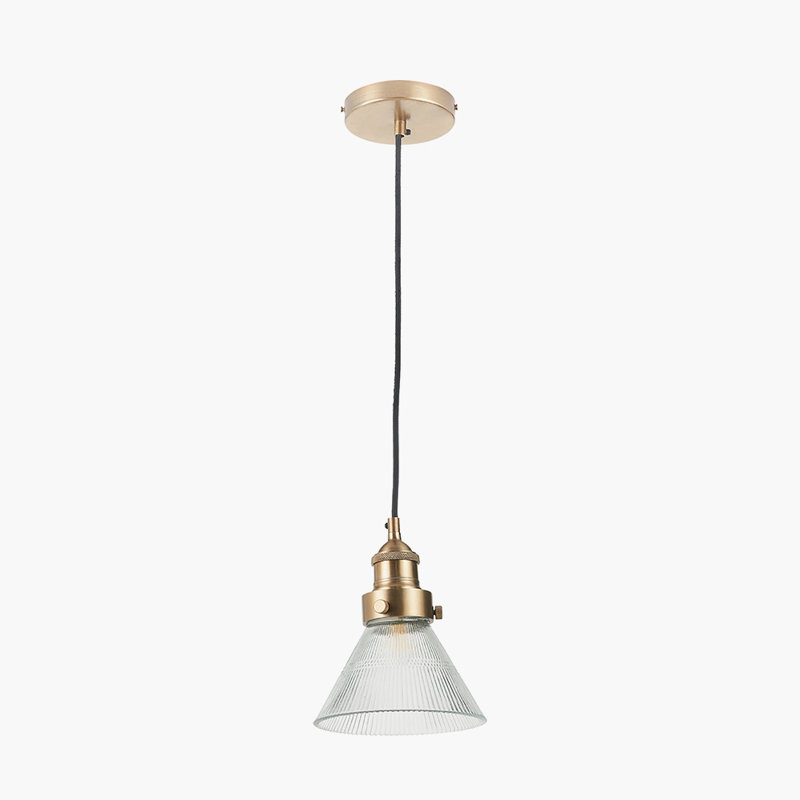 Conical Ribbed Glass with Antique Bronze Fitting Elec Pendant, Antique Brass
