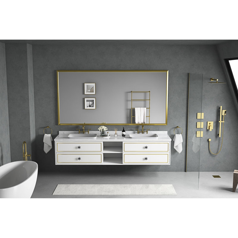 84 po W Miroir de salle de bain avec cadre en métal, corrosion, reflet transparent, meuble-lavabo, se suspend de plusieurs façons, or, rouille en alliage d'aluminium, meuble-lavabo HD facilement