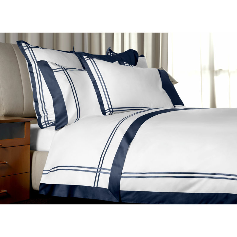Sinfonia Percale Flat Sheet, White/Dark Blue, Queen Flat Sheet