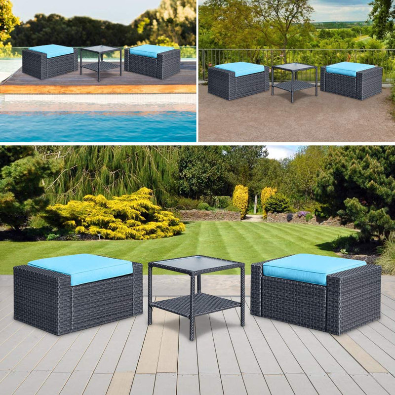 Ensemble de conversation en rotin avec coussins 3 pièces Fansler, Structure noire / Coussin bleu