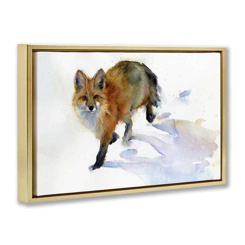 «Stepping Fox in Snow» par John Keeling, Cadre flottant métallique doré, H 21 po x l 31 po