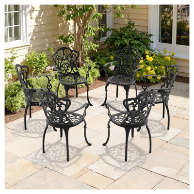 Ensemble de chaises de patio 6 pièces en fonte d'aluminium avec motifs ornés, noir
