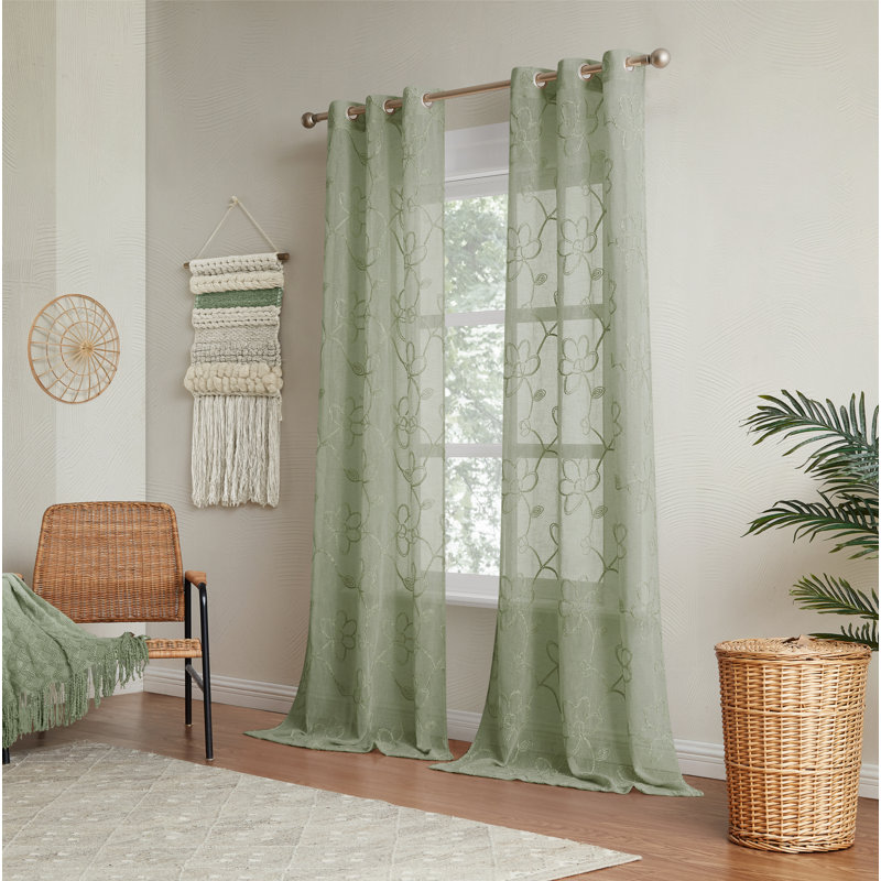 Carston Solid Semi-Sheer Grommet Curtain Panels, 38" W x 96" L, Olive Green