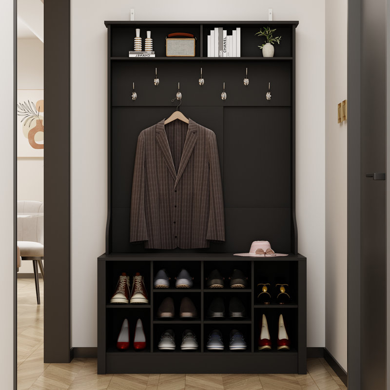 Modern Hall Tree With Storage Bench, 39.4" W X 15.7" D X 68.5" H, Wood Finish With 10 Shoe Compartments And 7 Hooks, Gray