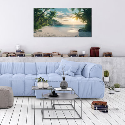 Adrick Beach Sunset Coastal Landscape Picture Print Tropical Palm Tree Ocean Scenery Wall Decor Ready To Hang Framed Canvas Artwork Poster for Living Room Bedroom Bathroom Office Home, 16×32 Inches