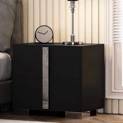 Élégante table de chevet noire avec 2 grands tiroirs, des poignées galvanisées et une structure stable pour le salon de la chambre à coucher
