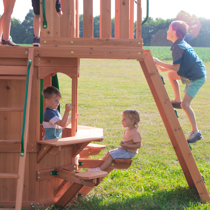Woodland Cedar Wood Playset with Green Slide and Swings