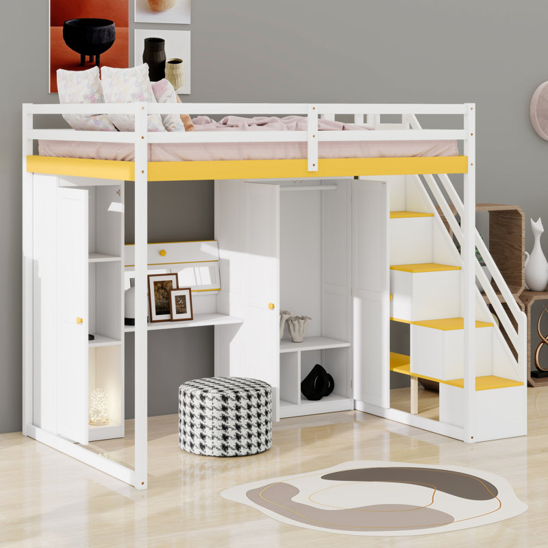 Lit mezzanine avec escalier de rangement, coiffeuse, garde-robe, ports de chargement USB, Blanc / jaune