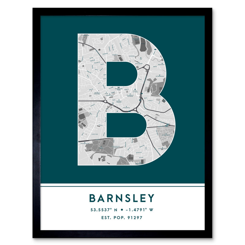 Barnsley England United Kingdom City Map Teal - Single Picture Frame Typography