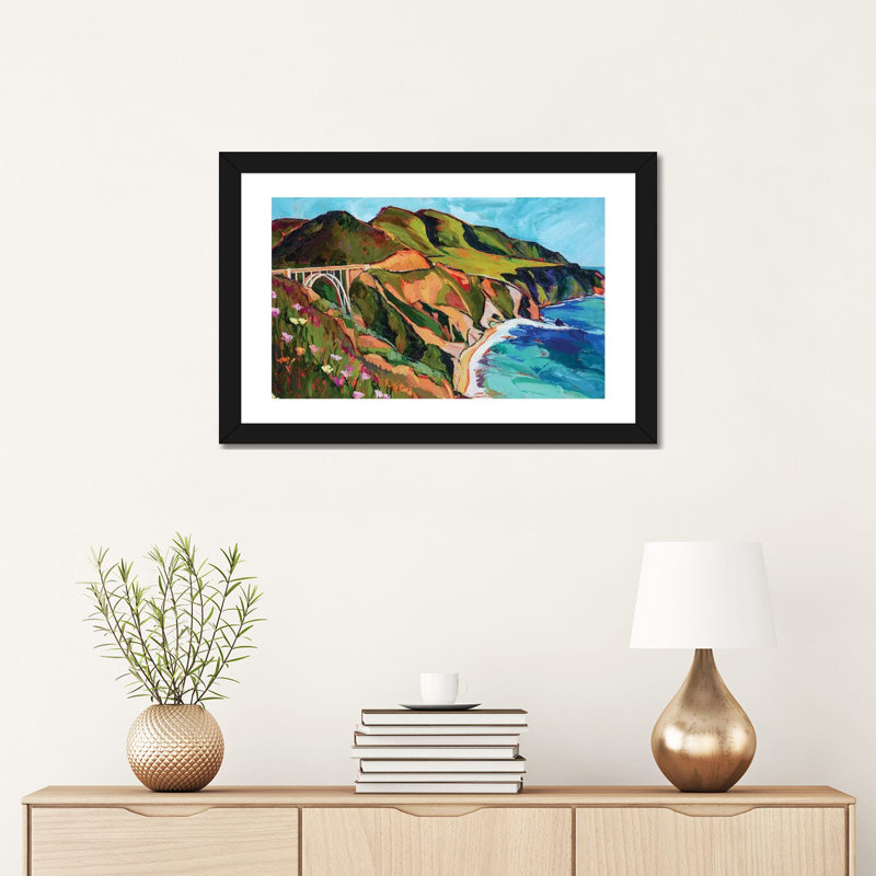 «California Coastline» par Maxine Shore - reproduction d'art, H 16 po x l 24 po x P 1 po, Blanc, Papier encadré noir