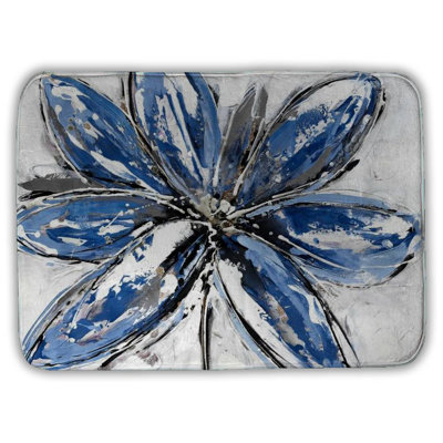 Blue flower Bath Mat with Non-Slip Backing - Quick Dry Memory Foam Bathroom Rug - Absorbent - Modern Plush Spa-Style - Machine Washable