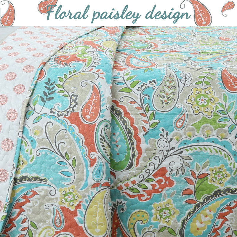 Queen Size Blue Cotton Reversible Paisley Quilt Set
