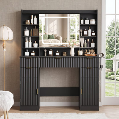 Fluted Vanity Desk with Lighted Mirror, Drawers, Cabinets & Power Outlet