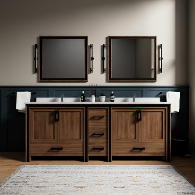 84 po L Double meuble-lavabo rustique avec comptoir en quartz Miroirs - Scratch - Surface à fermeture en douceur pour une baignoire durable de 22 po D Une salle de bain élégante et efficace