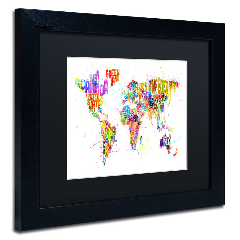 « painting splashs map text map of the world » par michael tompsett, impression encadrée, H 11 po x l 14 po, Noir