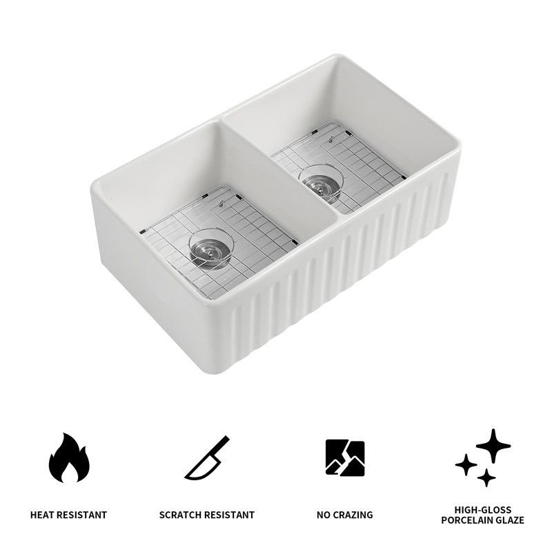Fireclay 33" L X 18" W Double Basin Farmhouse Kitchen Sink With Grid And Strainer