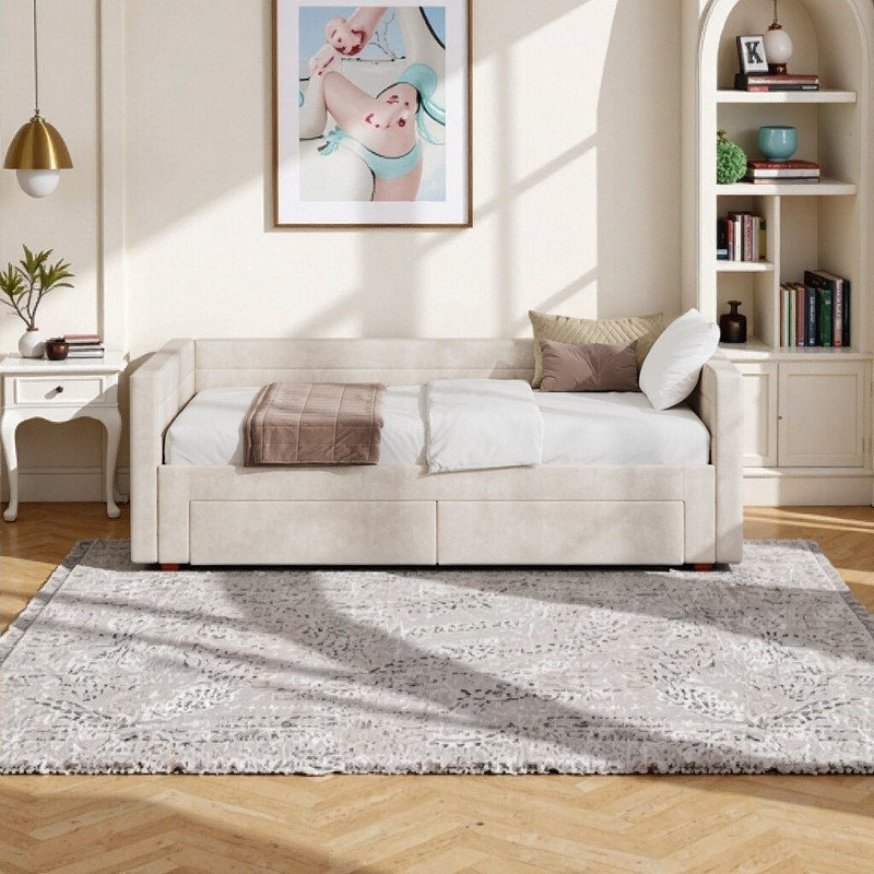 Lit de jour extensible simple à très grand avec couchette en chenille Alano et tiroirs de rangement, Beige