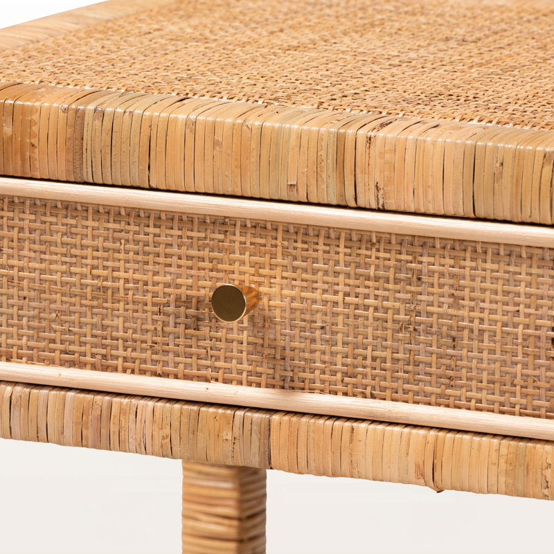 Targaryen 1-Drawer Nightstand in Rattan and Mahogany Wood, Natural 24.19'' H X 20.39'' W X 18.25'' D