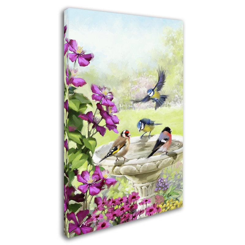 Garden Birds at Birdbath Modern Canvas Art