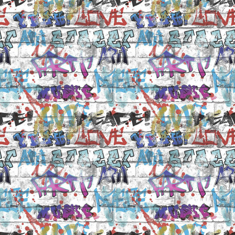 Fresco Brick Wall Effect Multicoloured Graffiti Print Wallpaper, White/Blue/Pink