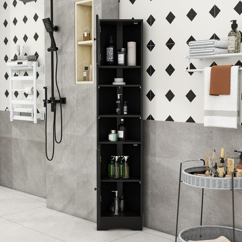 Grande armoire de coin autoportante Vanbrunt avec tablettes réglables et portes à motif rainuré, Black