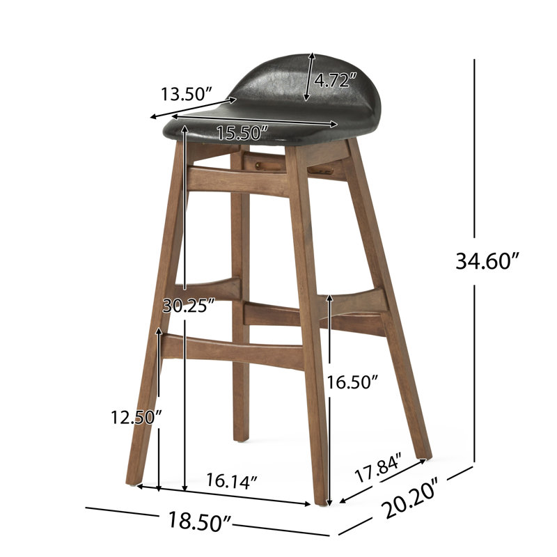  Tabourets de bar en cuir de polyuréthane brun foncé, ensemble luxueux de 2 chaises de pub de style Mid-Century moderne, tabourets contemporains en bois à finition noyer à dossier bas