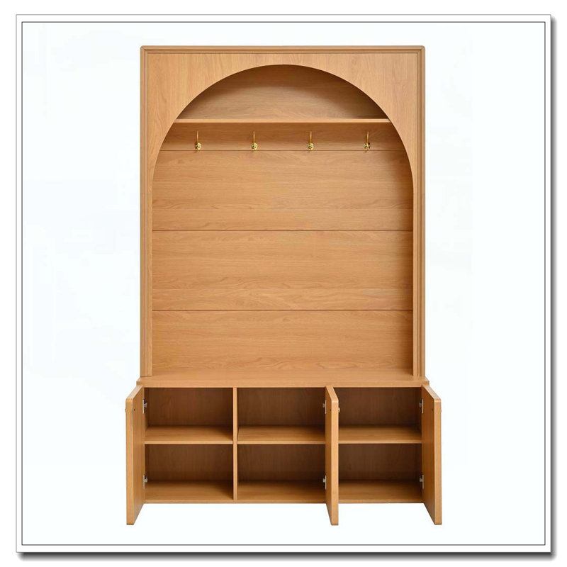 Arbre d'entrée tout-en-un avec tablettes réglables, banc de rangement pour hall d'entrée arqué rétro avec 3 armoires, Naturel