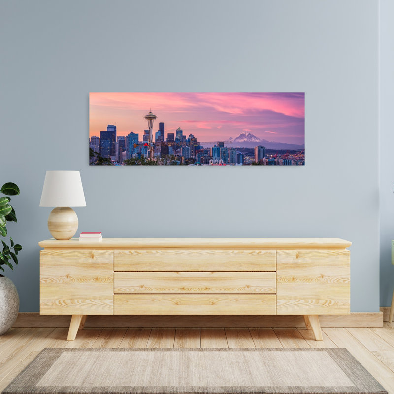 «Seattle Sunset Cityscape Vibrant Abstract Contemporary City Landscape», art mural, H 16 po x l 48 po