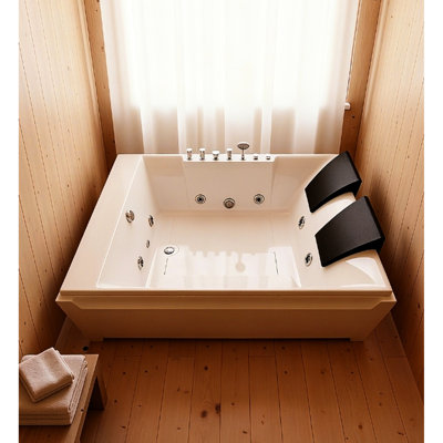 Baignoire à jets pour 2 personnes 73 po x 48 po, hydromassage, bonde gauche, acrylique, 8 jets d'eau, imperméable, douche à main escamotable, blanc brillant, forme rectangulaire, baignoire pour 2 personnes avec finition polie