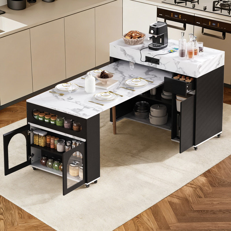 Îlot de cuisine extensible 73,8 po avec prise de courant et tiroirs de rangement, Noir / blanc