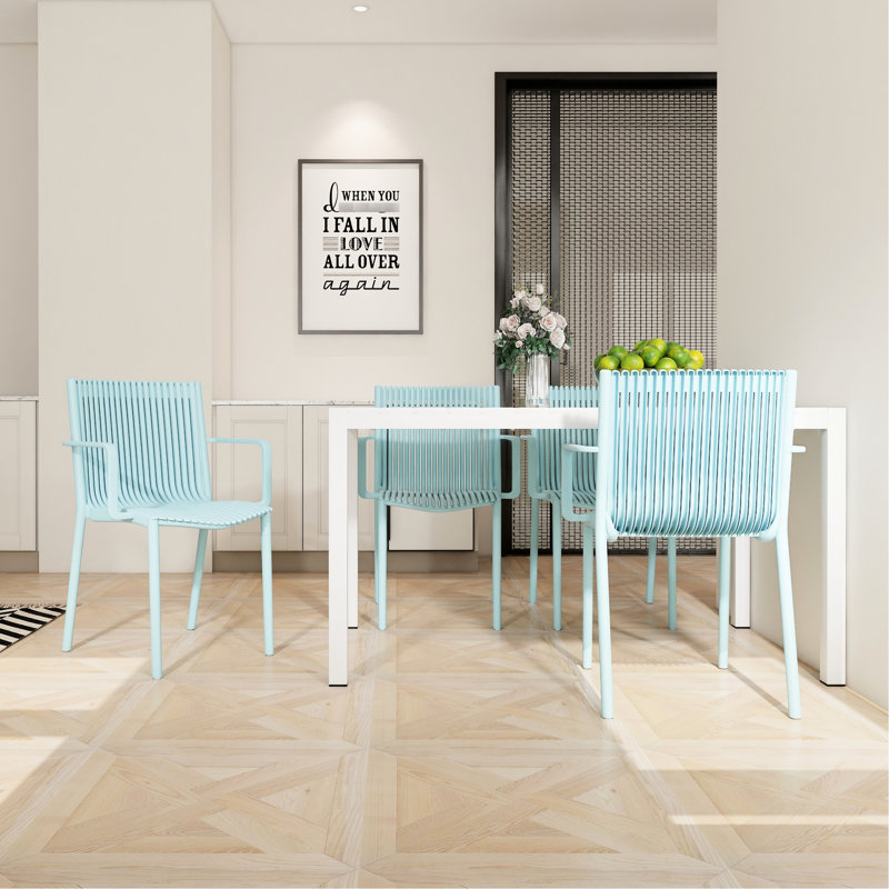 55 Inch White Modern Long Table, 4Pcs Blue Stackable Pp Armchairs, Indoor/Outdoor Environments, All-Weather Durability, Powder-Coated Metal, Ergonomic Chair Shape, High-Grade Tabletop, -, , , &