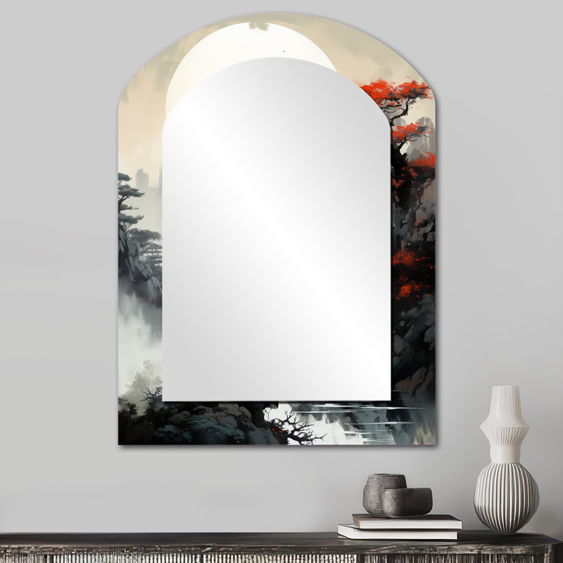 Asian Art Samurais Landscape III - Miroir mural Mid-Century, 34 po x 25 po