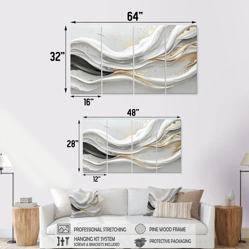 «White Ripples Of Stone I - Abstract Modern Waves», ensemble de reproduction d'art mural, H 32 po x l 64 po