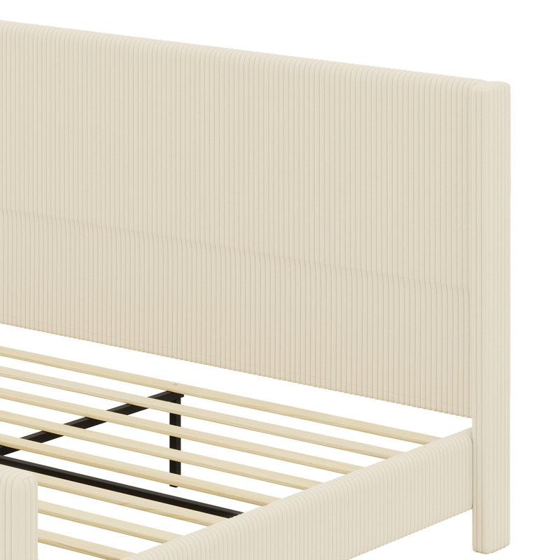 Structure de lit rembourrée avec dossier à oreilles à rayures verticales, avec tête et pied de lit hauts