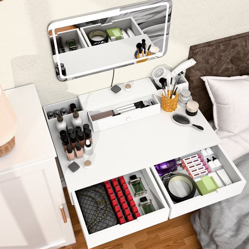 Coiffeuse de 31,5 po avec lumières à DEL à intensité variable de 3 couleurs, miroir amovible de 23,6 po x 13,7 po et rangement à 2 tiroirs pour les petits espaces