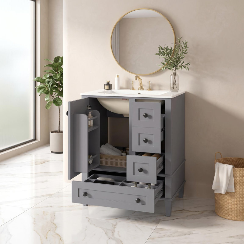 Ensemble de meuble-lavabo simple autoportant 24 po avec lavabo en céramique Modren 24 po, Gris/noir