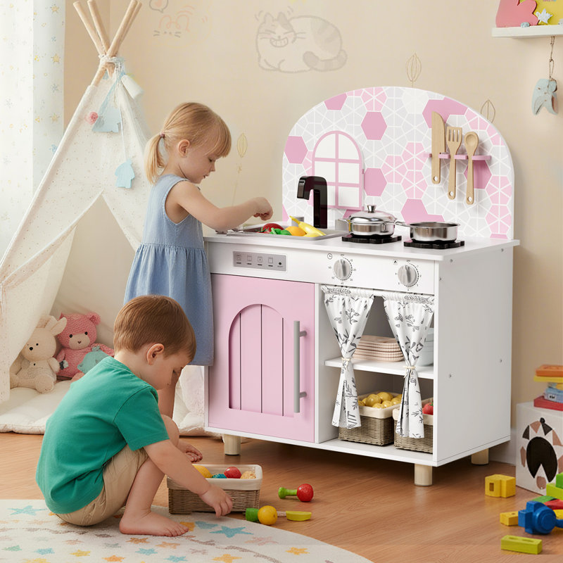 Immersive Wooden Play Kitchen with Removable Sink, Clicking Knobs & Curtained Storage, Realistic Pretend Toys, a Perfect Christmas Gift, to Keep Playroom Tidy (pink)
