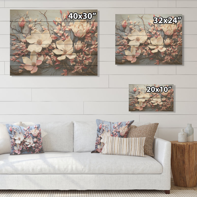 Arbre de magnolia somptueux I - Magnolias, art mural sur bois de pin naturel, H 10 po x l 20 po