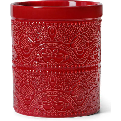 7.2-inch oversized ceramic lace embossed ceramic cutlery rack for kitchen countertops (Christmas red)