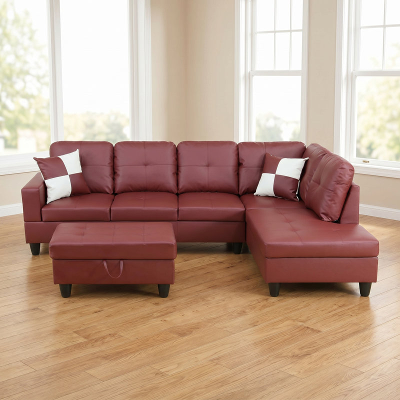 Canapé modulaire en L en similicuir bourgogne avec méridienne réversible et repose-pieds avec rangement, ensemble de canapé capitonné avec 2 coussins décoratifs pour le salon