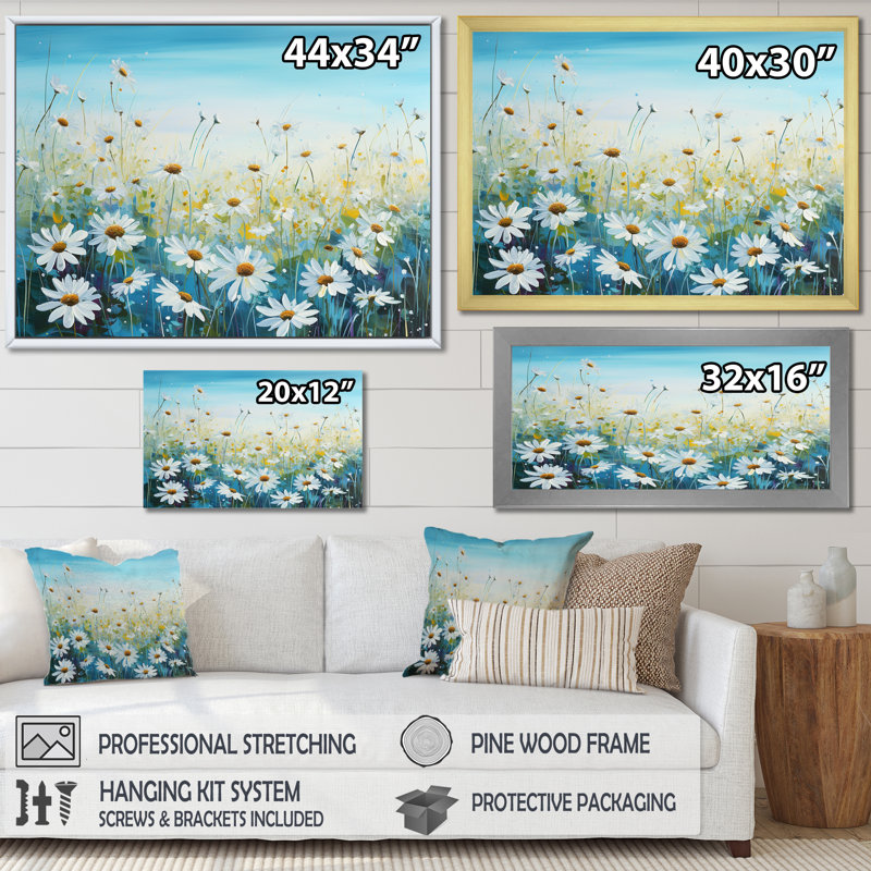 «Daisy Dreamscape Flowers Field IV», reproduction sur toile, Cadre flottant noir, H 12 po x l 20 po