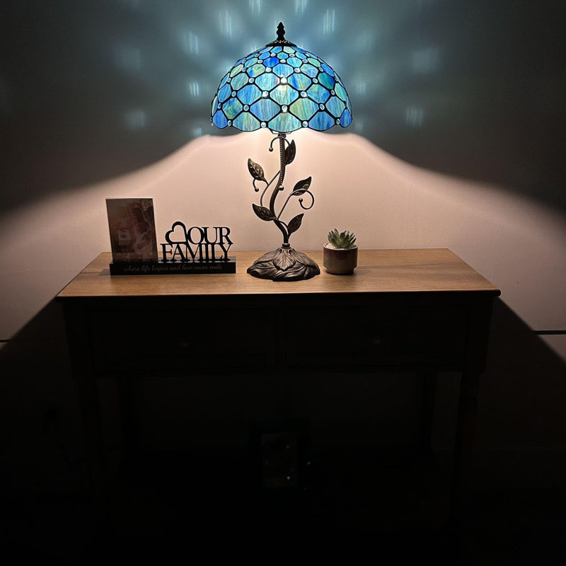 Blue Stained Glass Table Lamp with Bronze Metal Base