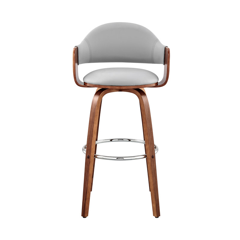 Romarin Swivel Counter or Bar Height Bar Stool with Arms and Footrest in Faux Leather, Wood, Counter Stool (26" Seat Height)