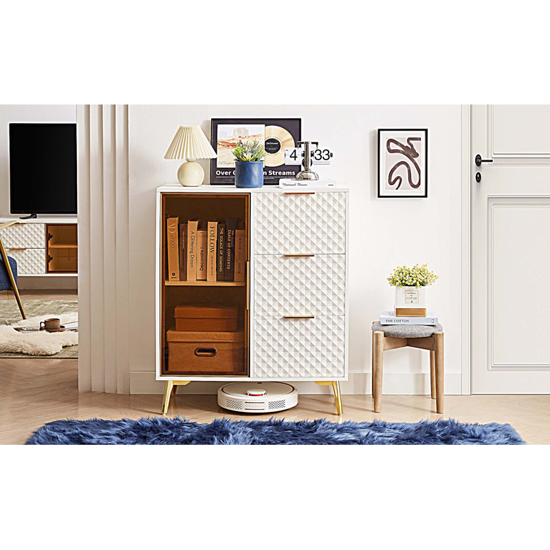 Commode moderne avec portes en verre trempé, commode à trois tiroirs avec pieds en métal, Bleu très foncé