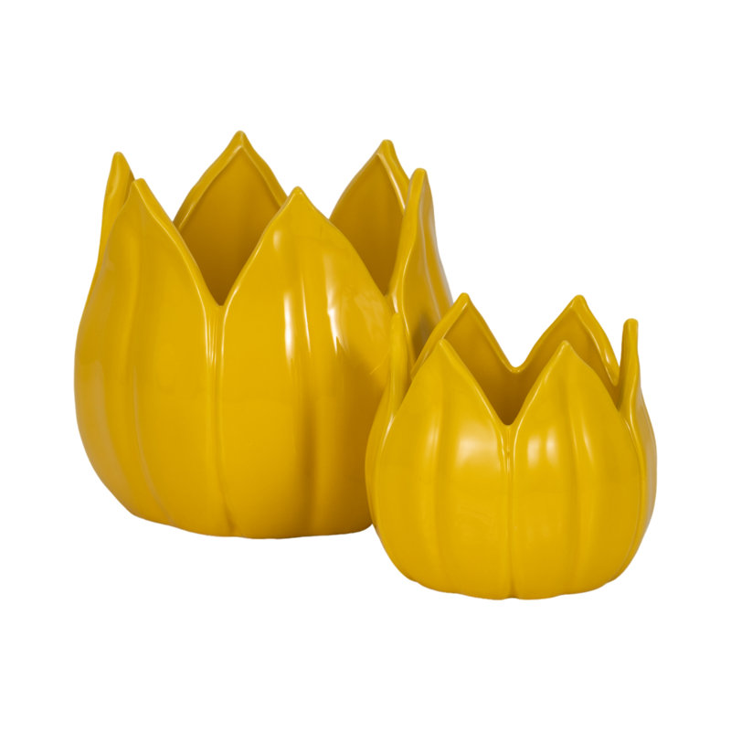 Sagebrook Home 2-Pieces Petal Planters, White, 7" H x 8" W x 8" D, Yellow