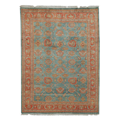 Tapis unique noué à la main bleu / orange / beige de haute qualité