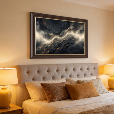 Art mural antique sur toile encadré doré pour le salon, la chambre à coucher, le bureau ou le vestibule - Décoration murale décorative avec vagues abstraites