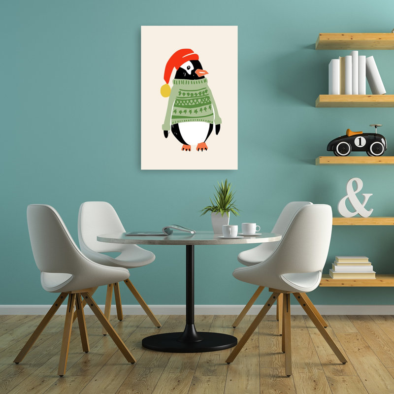 Jolly Christmas Penguin Contemporary Bird Penguin Winter Wall Art Print 1 Piece Wrapped Canvas Wall Art